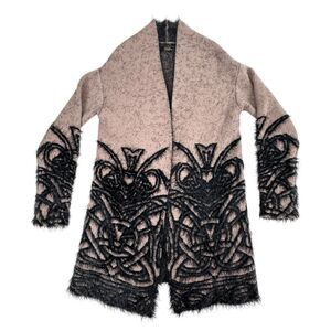 Renuar Open Front Long Cardigan Medium Tan Black Eyelash Knit Tribal Career Midi